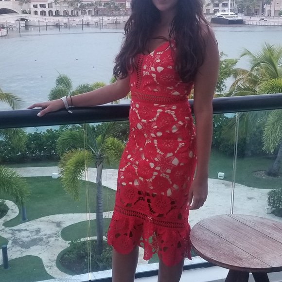 Red Lace floral dress (Just Me, Nordstrom) Size M - Picture 6 of 12